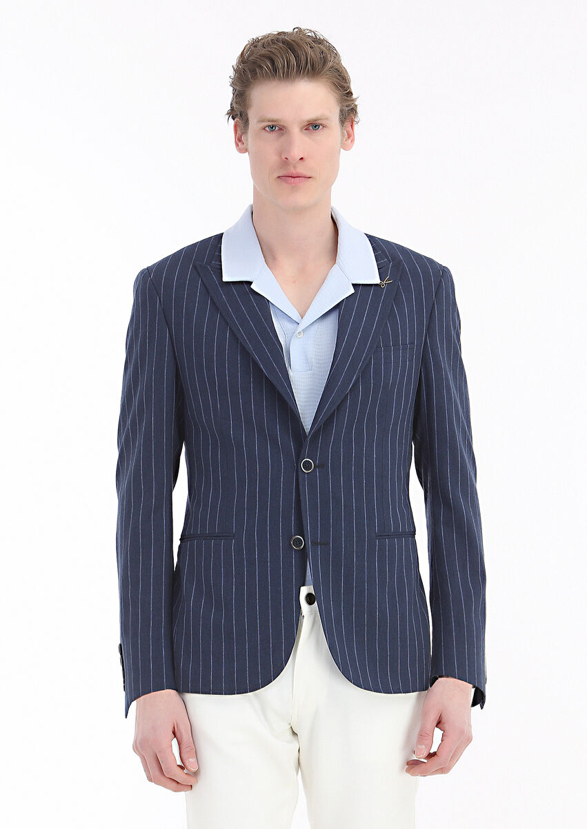 Navy Blue Striped Zeroweight Slim Fit Cotton Blended Jacket - 2