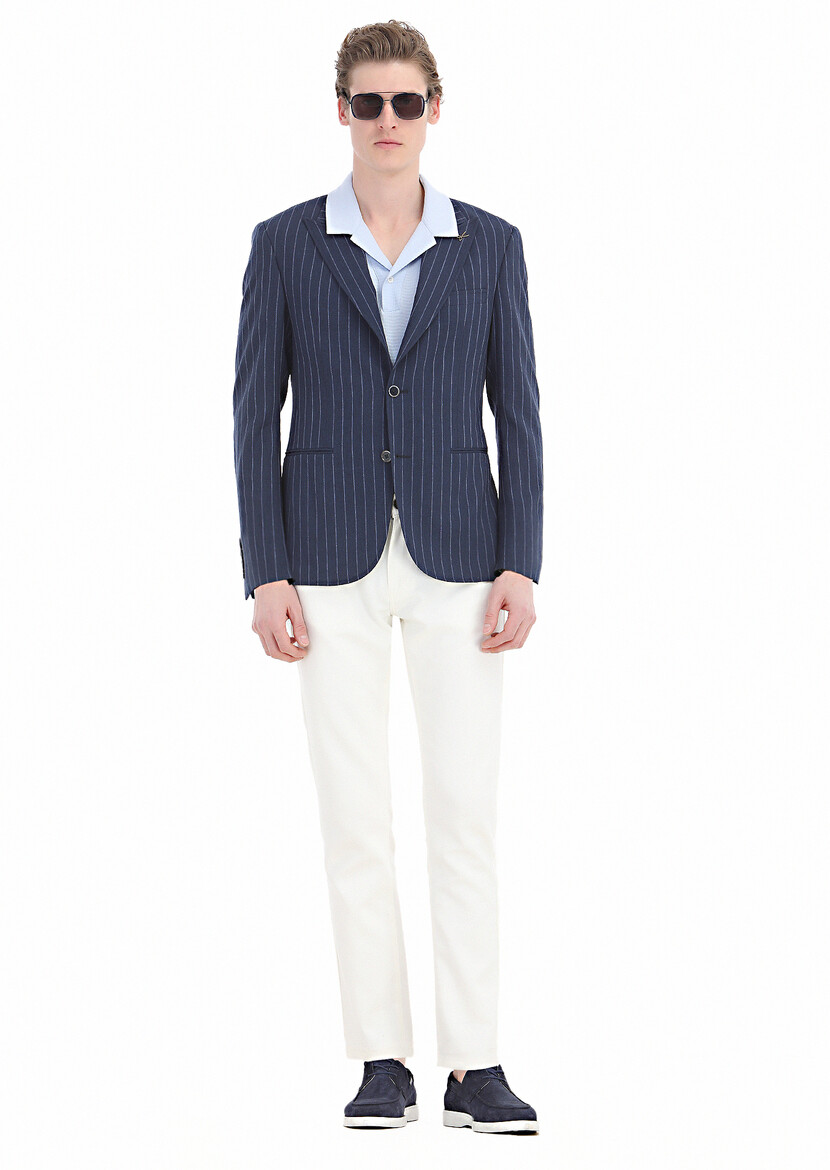 Navy Blue Striped Zeroweight Slim Fit Cotton Blended Jacket - 3