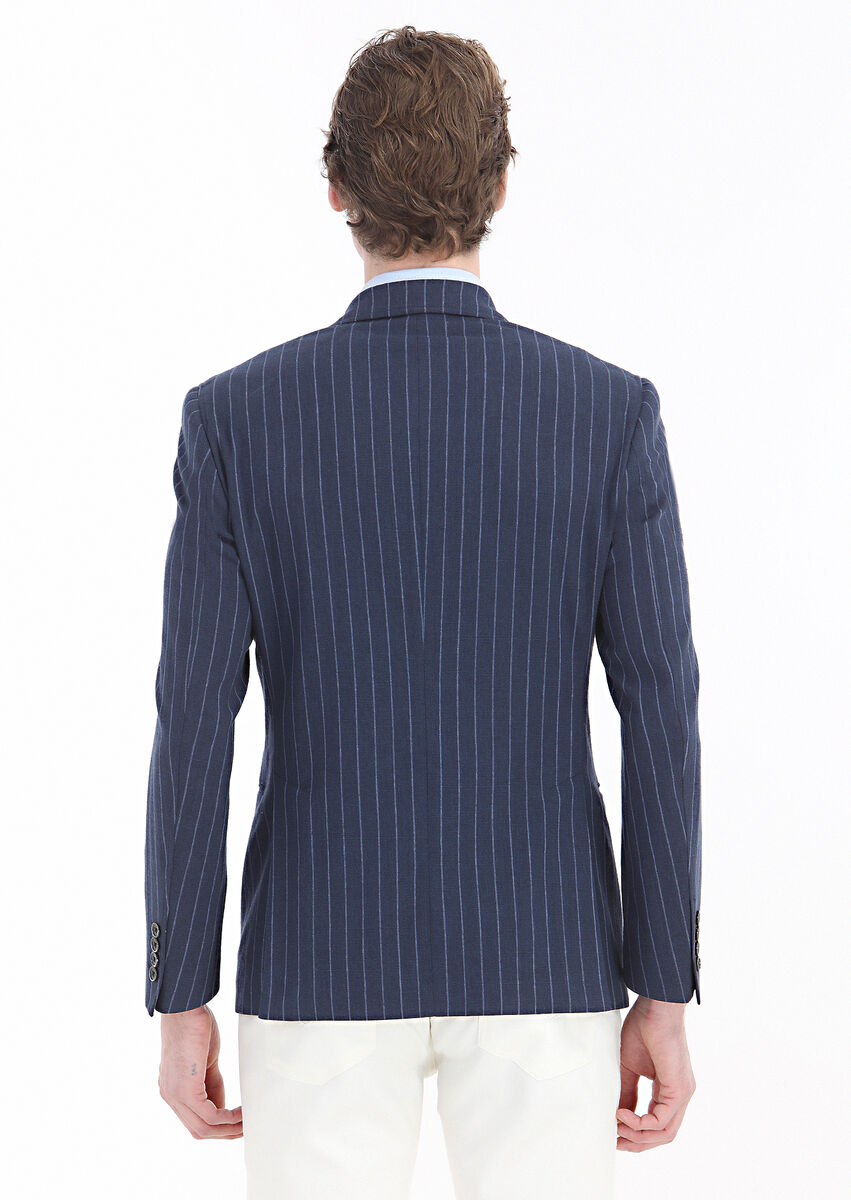 Navy Blue Striped Zeroweight Slim Fit Cotton Blended Jacket - 6