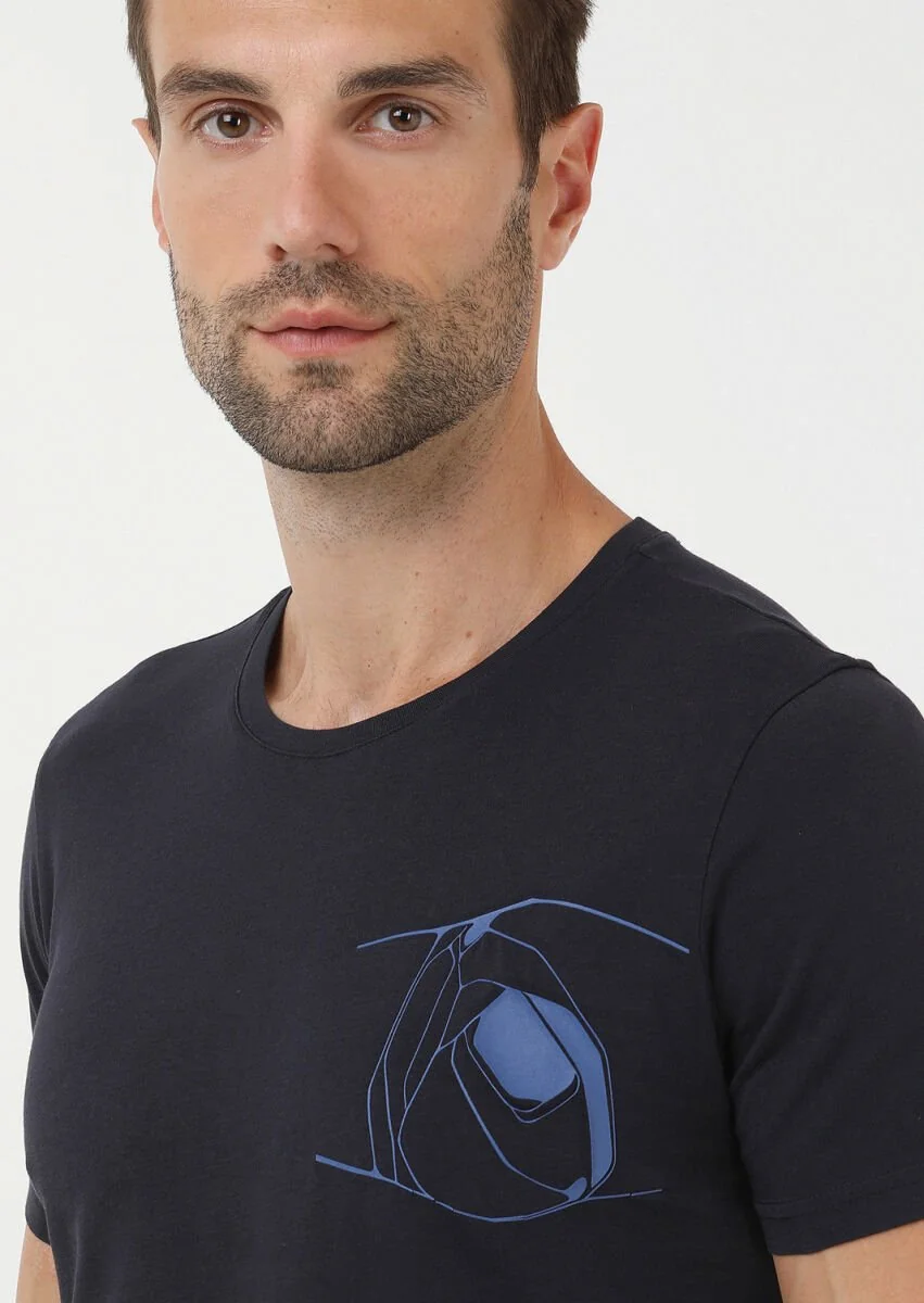 İndigo Baskılı Bisiklet Yaka %100 Pamuk T-Shirt - 2