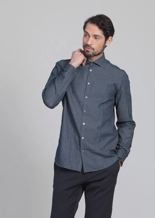 İndigo Baskılı Fitted Fit Dokuma Casual %100 Pamuk Gömlek - 1
