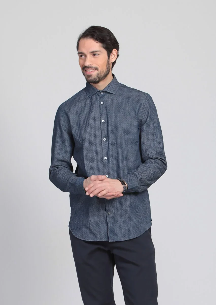 İndigo Baskılı Fitted Fit Dokuma Casual %100 Pamuk Gömlek - 2