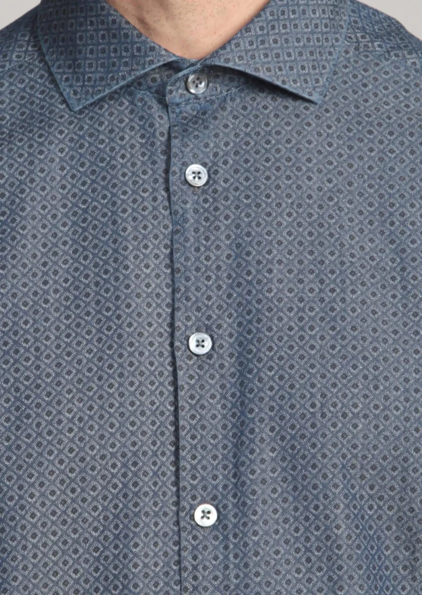 İndigo Baskılı Fitted Fit Dokuma Casual %100 Pamuk Gömlek - 3