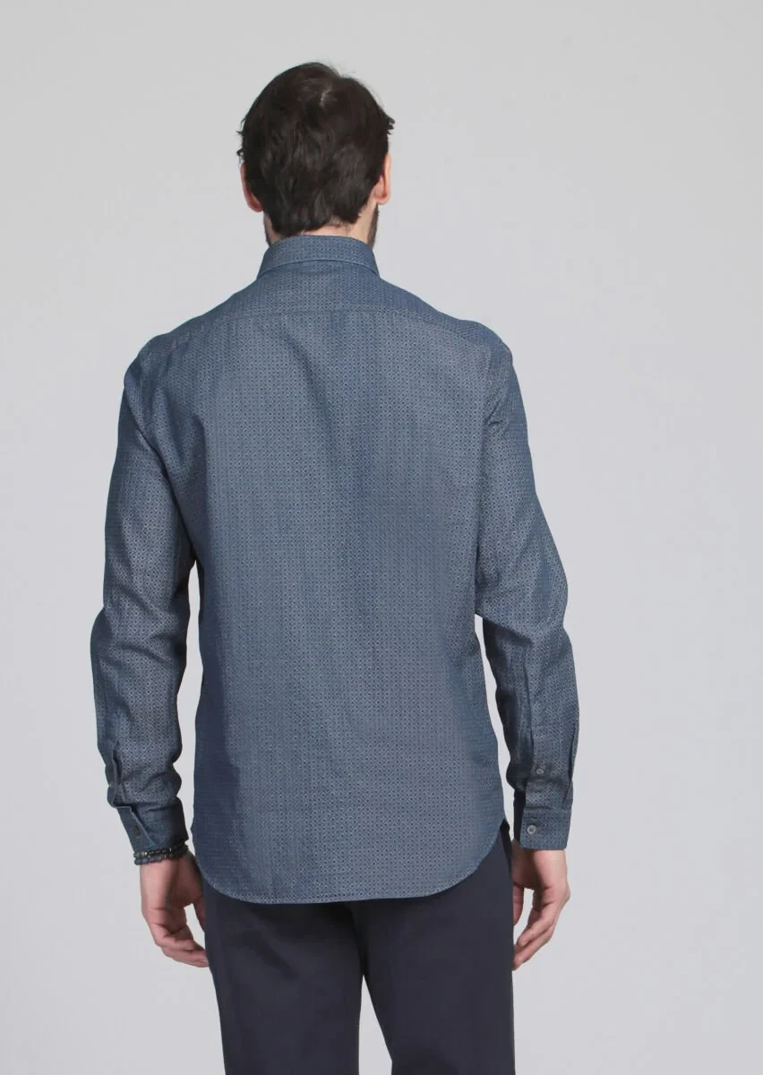 İndigo Baskılı Fitted Fit Dokuma Casual %100 Pamuk Gömlek - 4