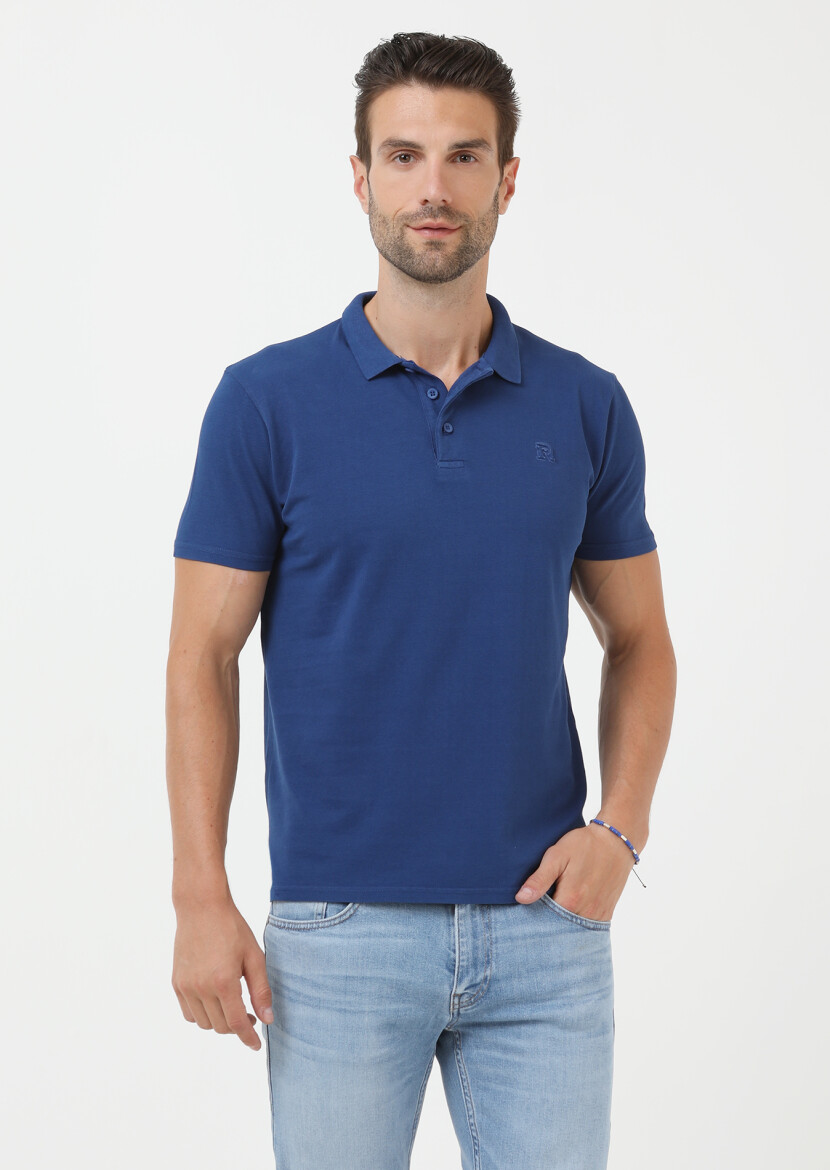 İndigo Baskılı Polo Yaka %100 Pamuk T-Shirt - 1
