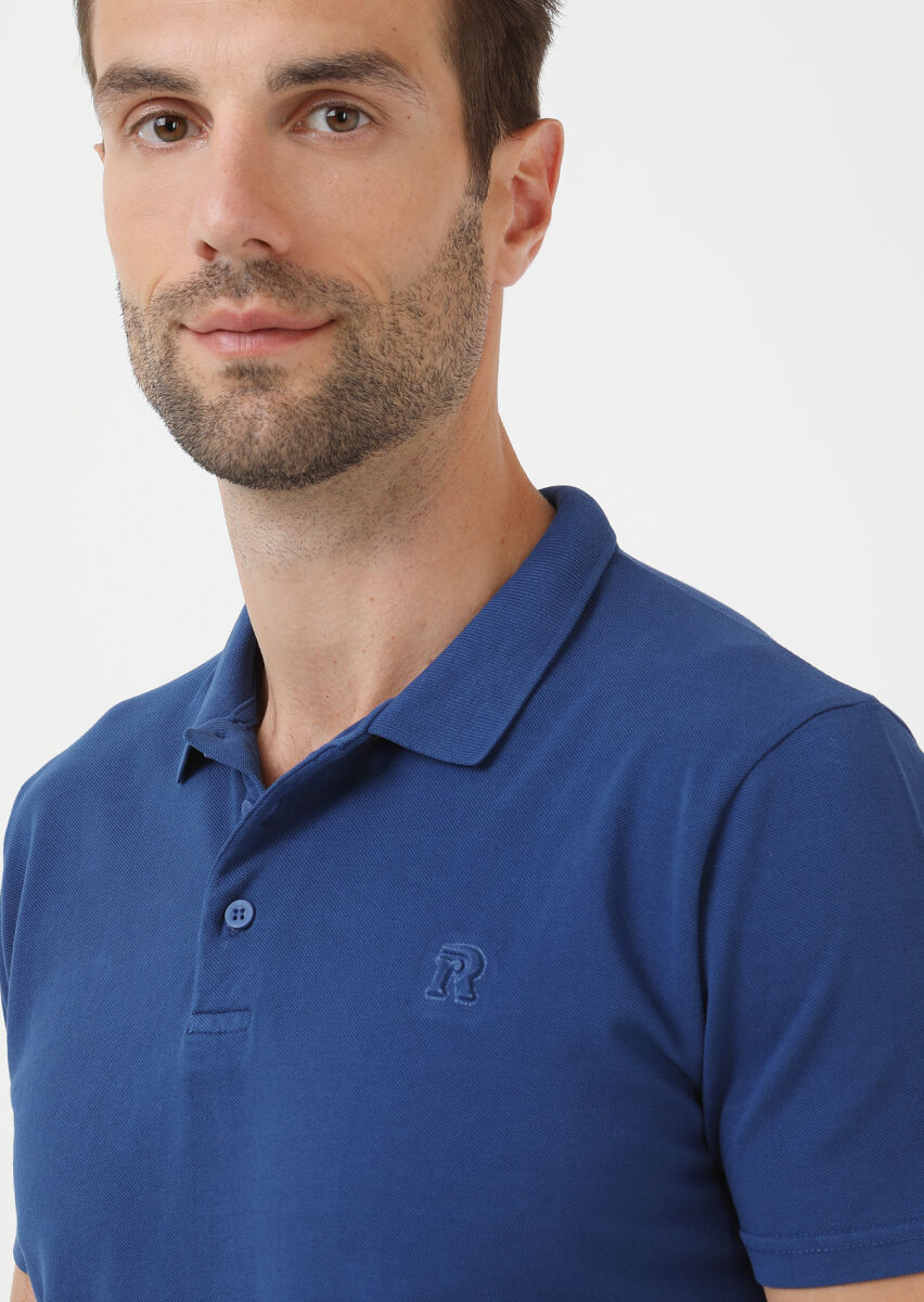 İndigo Baskılı Polo Yaka %100 Pamuk T-Shirt - 3