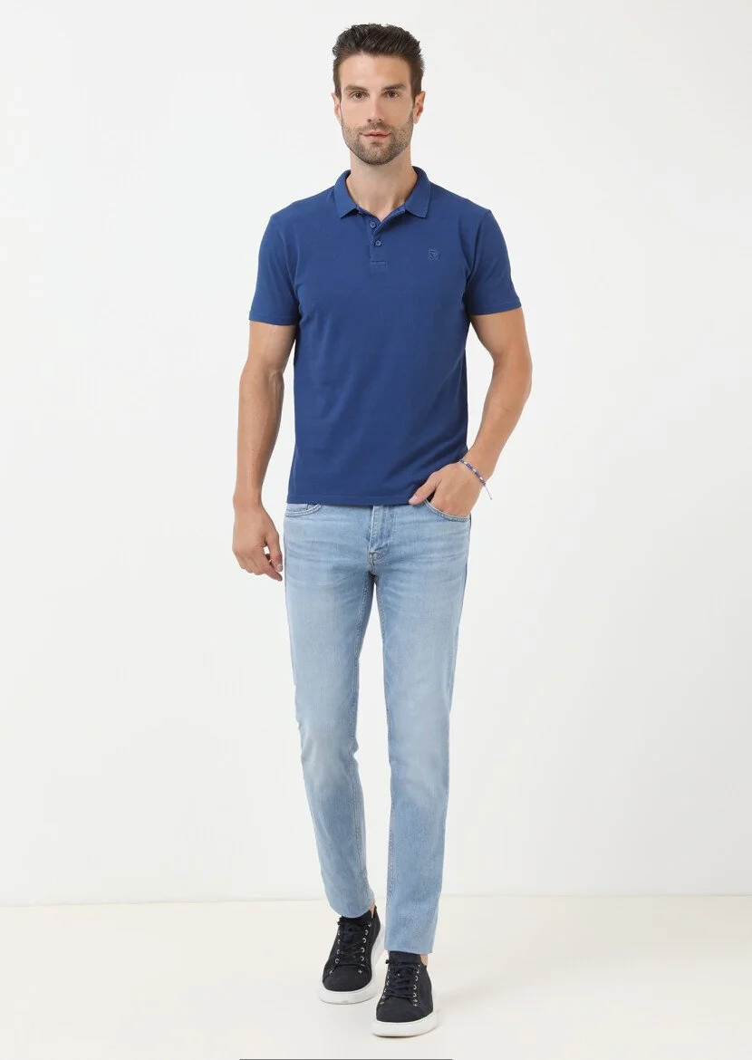 İndigo Baskılı Polo Yaka %100 Pamuk T-Shirt - 2