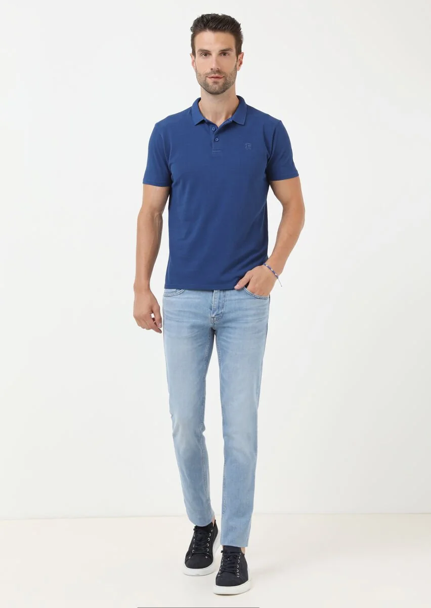 İndigo Baskılı Polo Yaka %100 Pamuk T-Shirt - 2