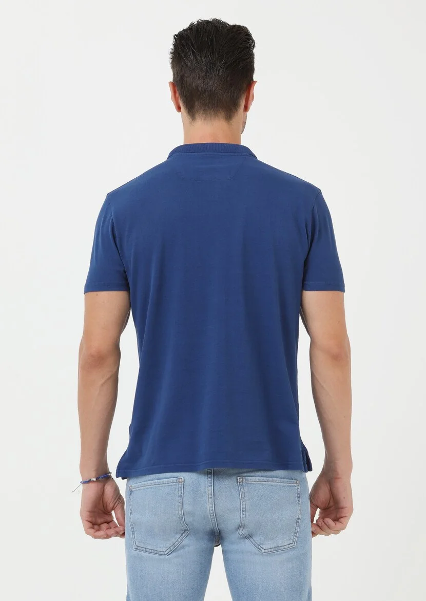 İndigo Baskılı Polo Yaka %100 Pamuk T-Shirt - 4