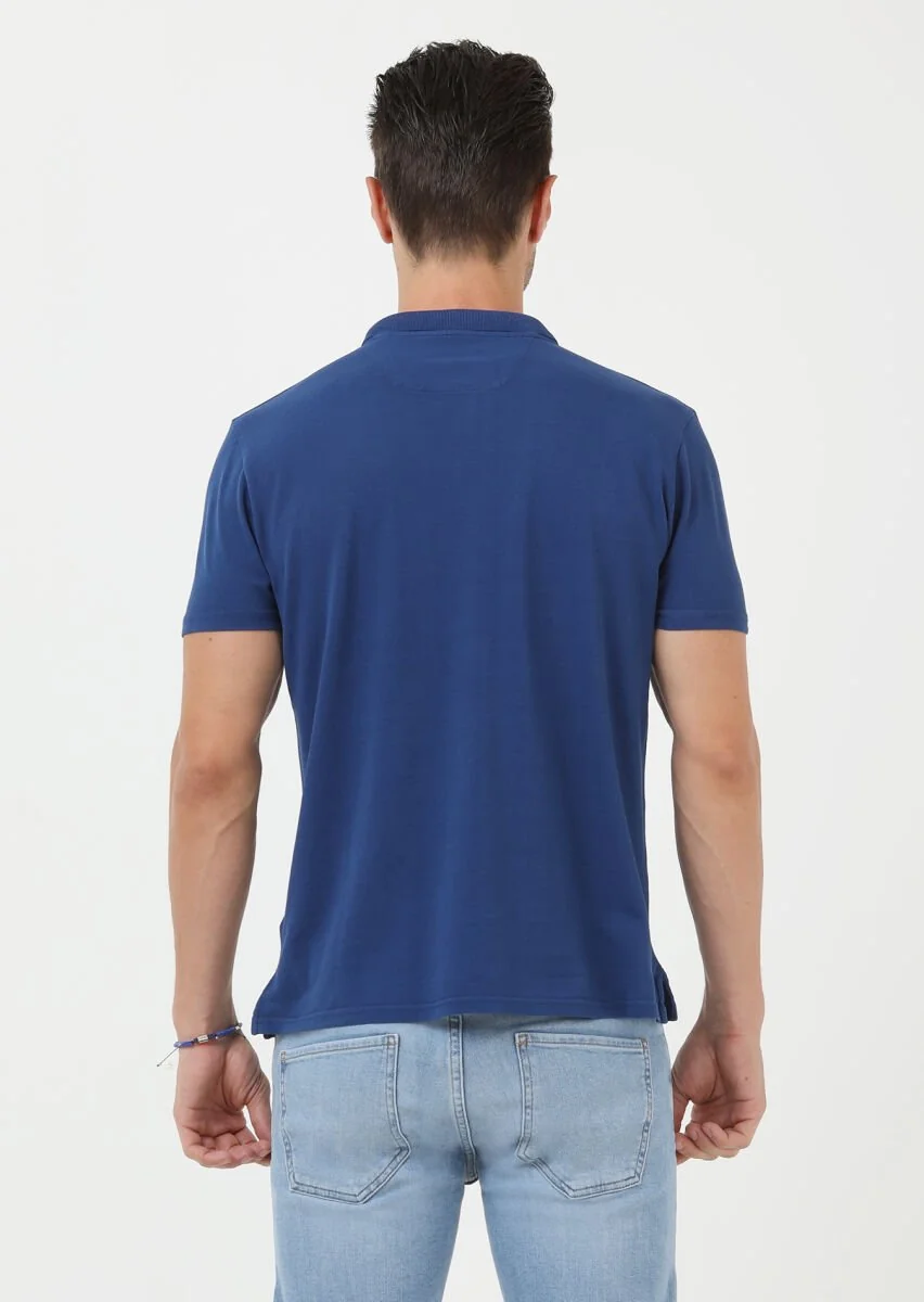 İndigo Baskılı Polo Yaka %100 Pamuk T-Shirt - 4