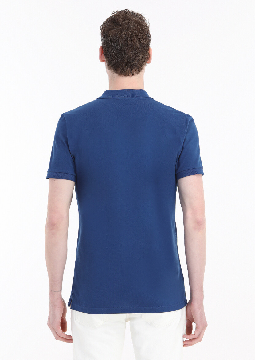 İndigo Baskılı Polo Yaka %100 Pamuk T-Shirt - 4