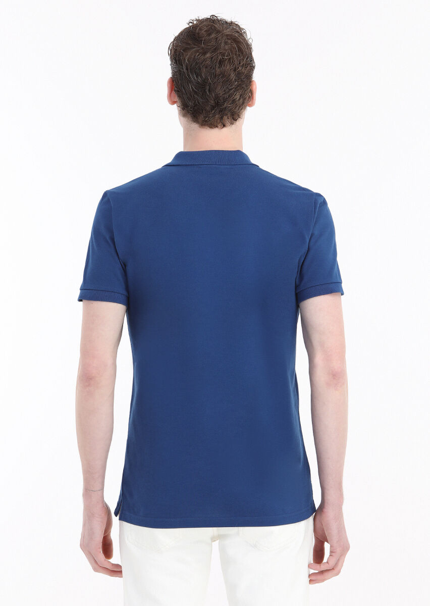İndigo Baskılı Polo Yaka %100 Pamuk T-Shirt - 4