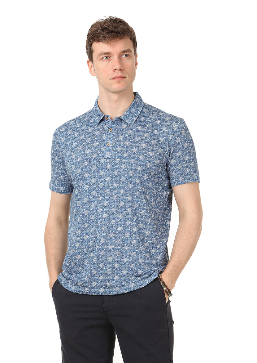 İndigo Baskılı Polo Yaka Keten Karışımlı T-Shirt - 1