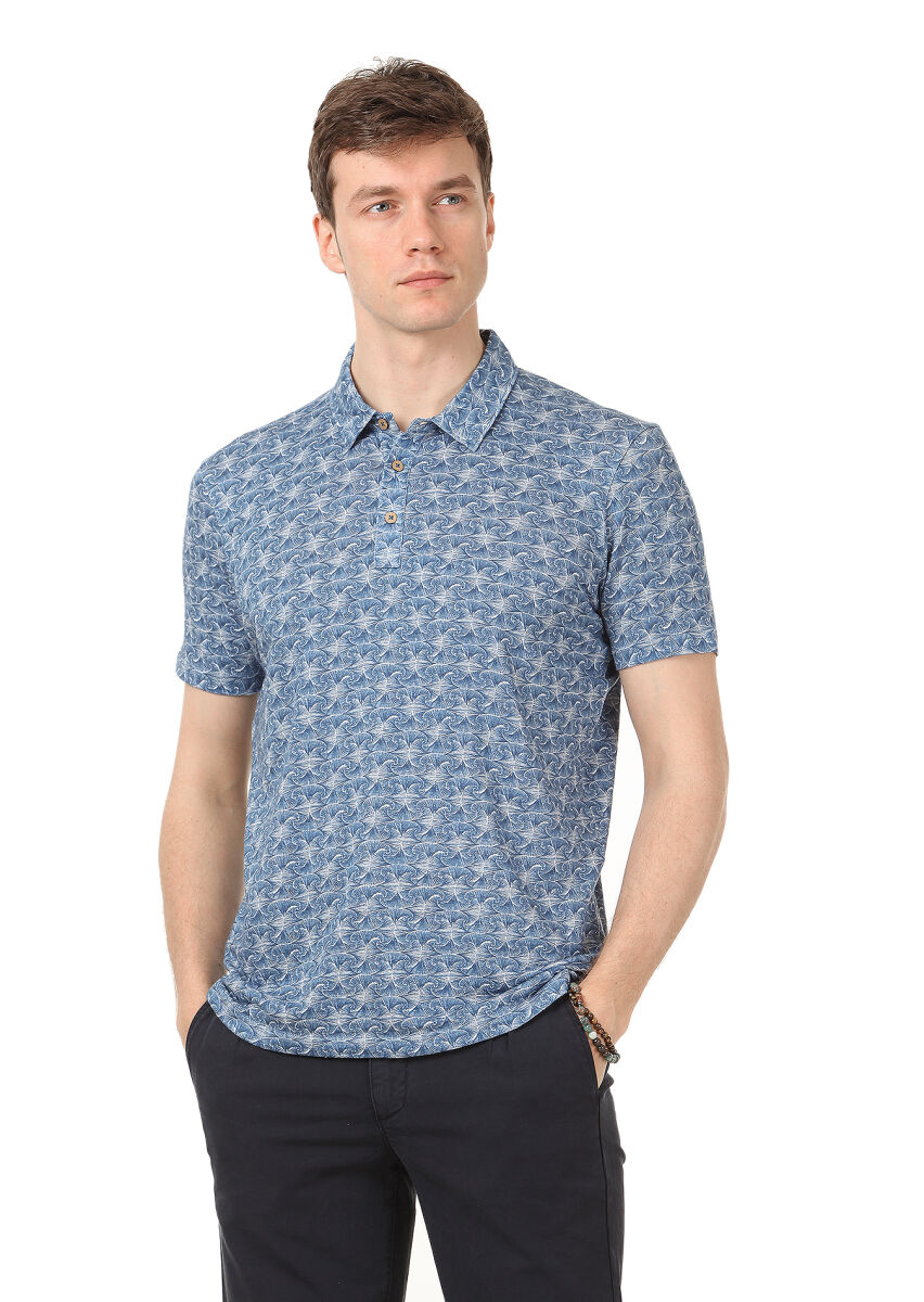 İndigo Baskılı Polo Yaka Keten Karışımlı T-Shirt - 1