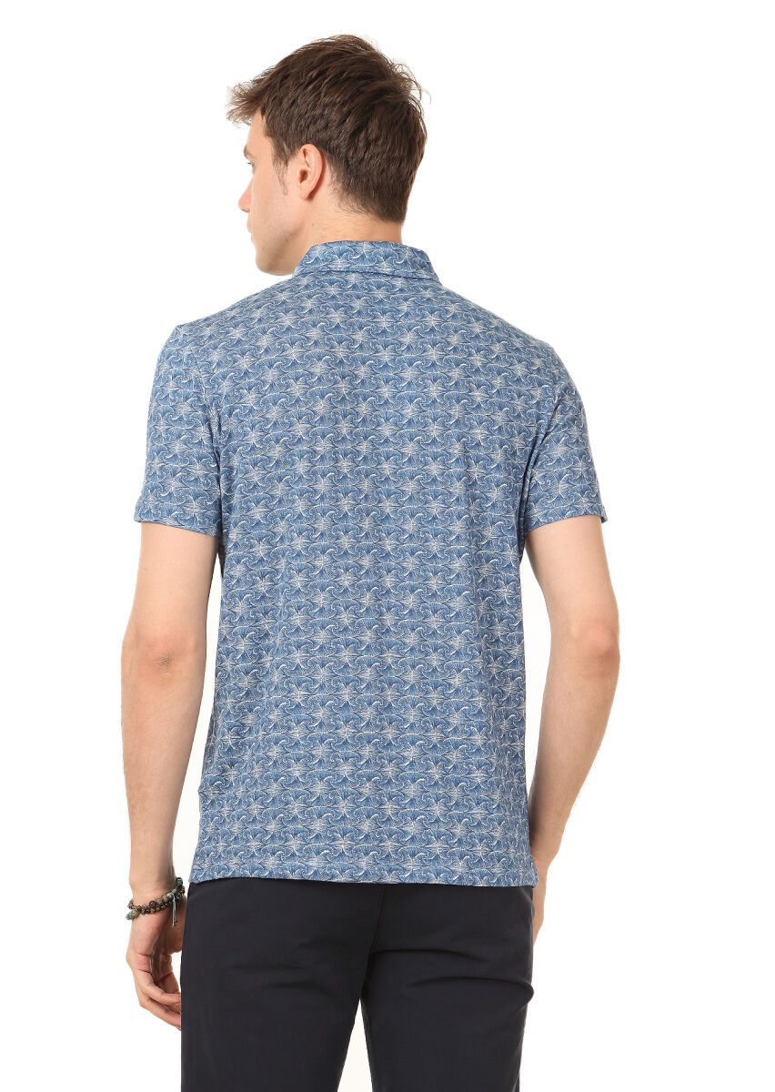 İndigo Baskılı Polo Yaka Keten Karışımlı T-Shirt - 4