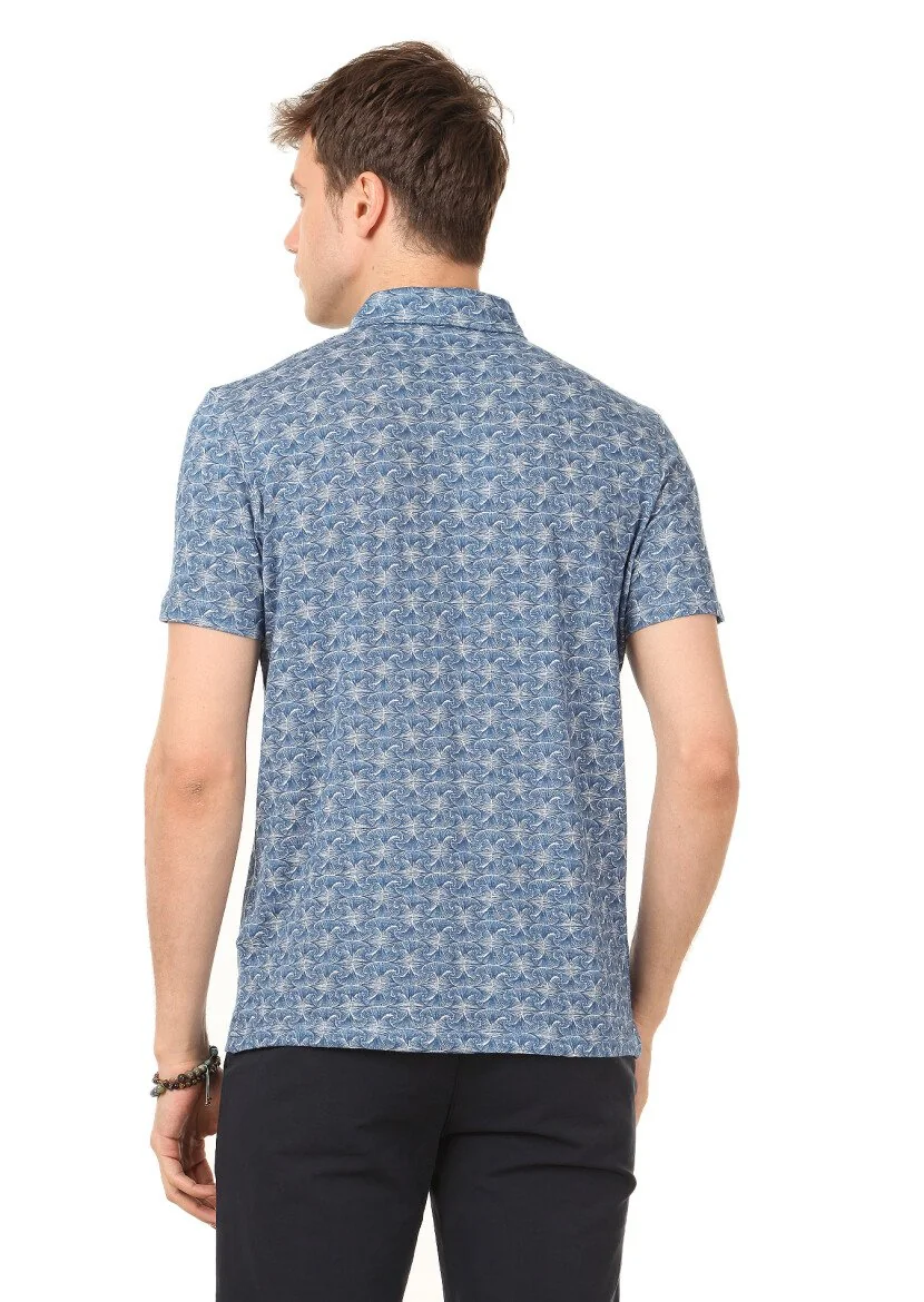 İndigo Baskılı Polo Yaka Keten Karışımlı T-Shirt - 4