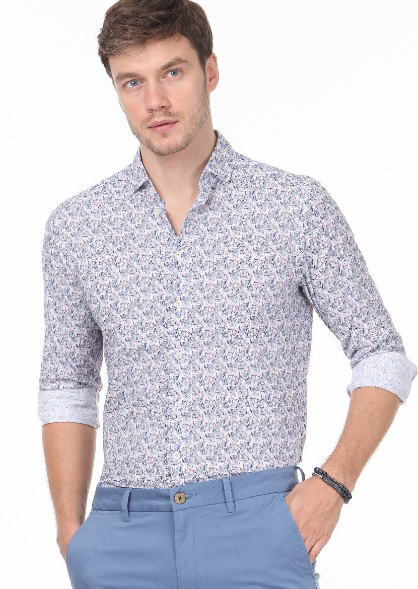 İndigo Baskılı Regular Fit Dokuma Casual %100 Pamuk Gömlek 