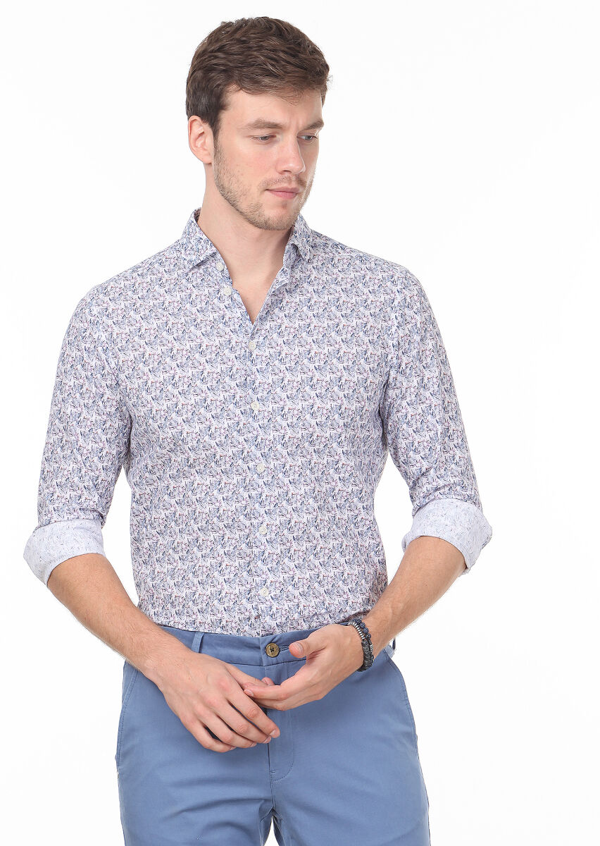 İndigo Baskılı Regular Fit Uzun Dokuma Casual %100 Pamuk Gömlek - 1