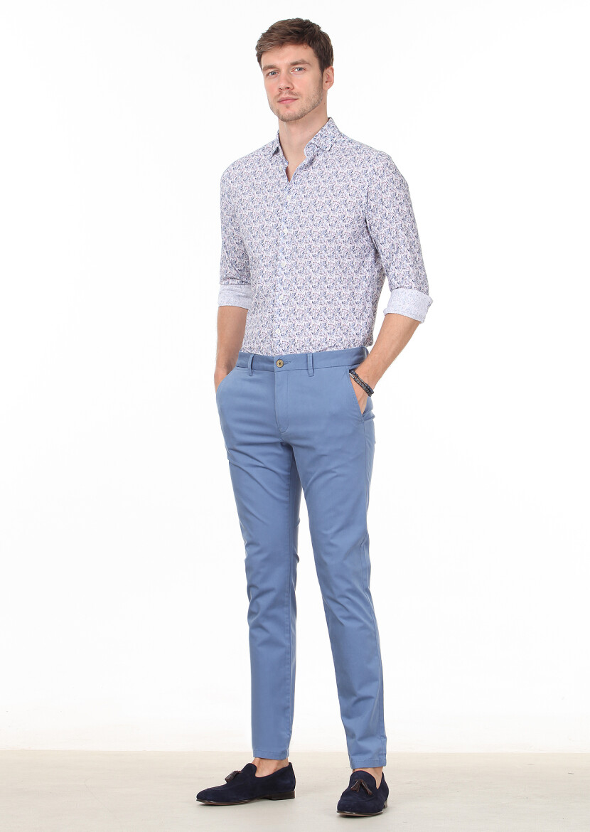 İndigo Baskılı Regular Fit Uzun Dokuma Casual %100 Pamuk Gömlek - 3