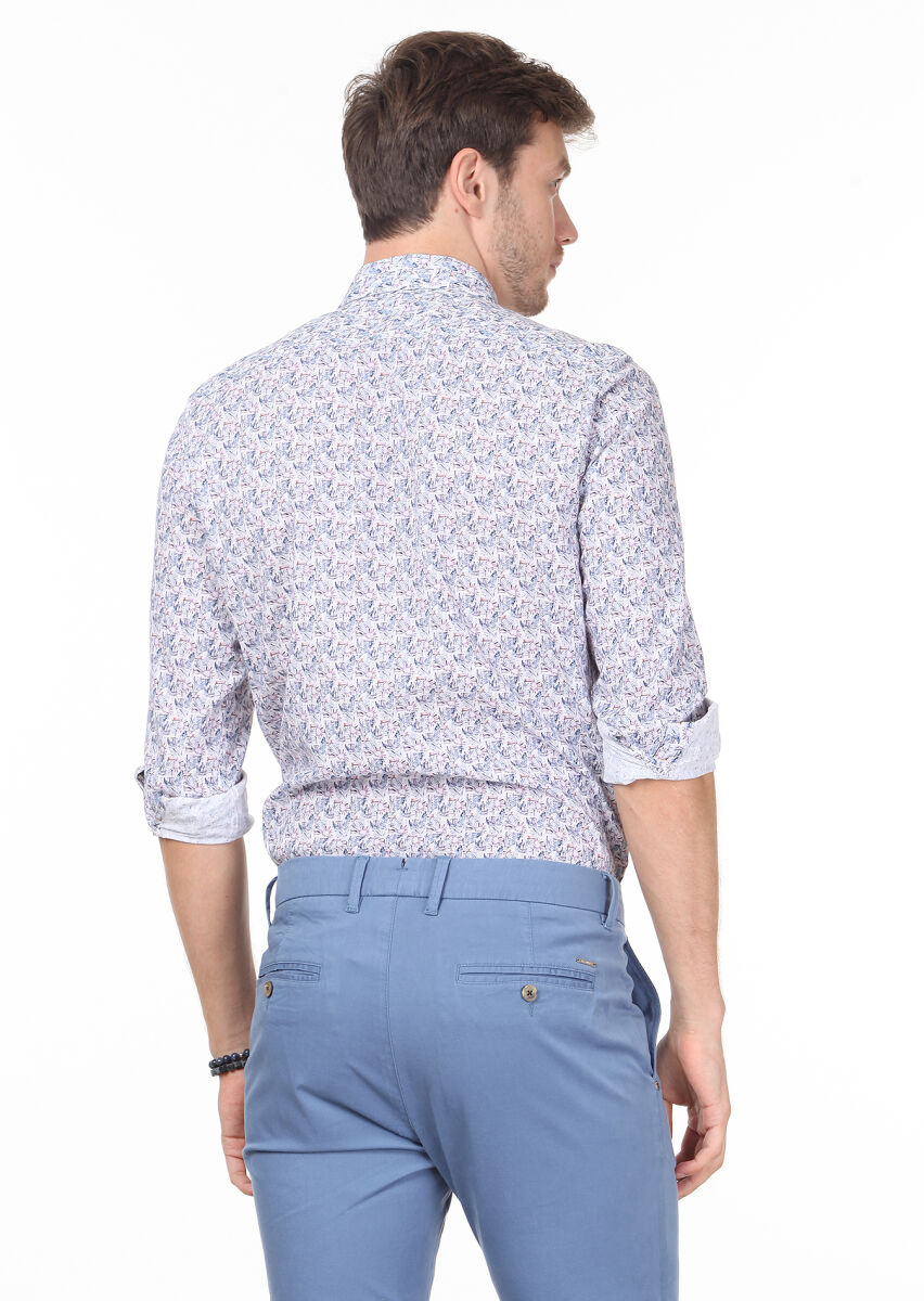 İndigo Baskılı Regular Fit Uzun Dokuma Casual %100 Pamuk Gömlek - 4