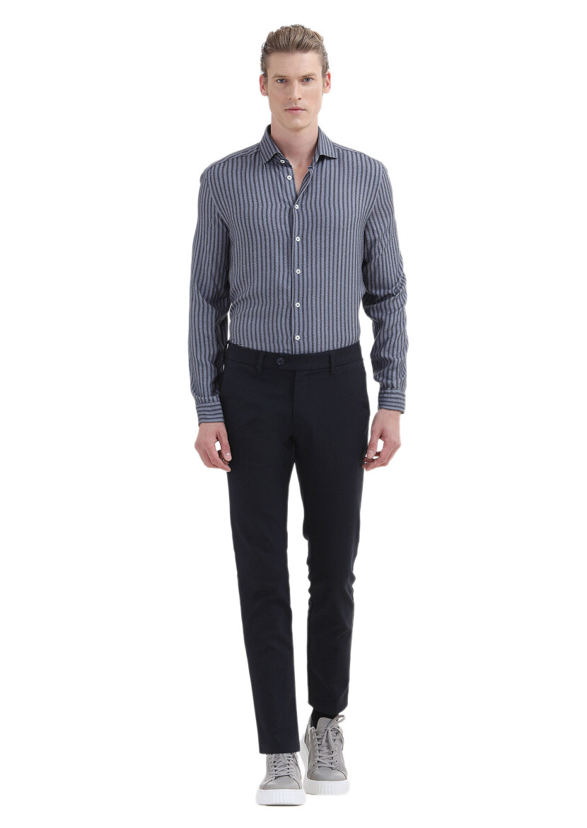 İndigo Baskılı Regular Fit Uzun Dokuma Casual Gömlek 