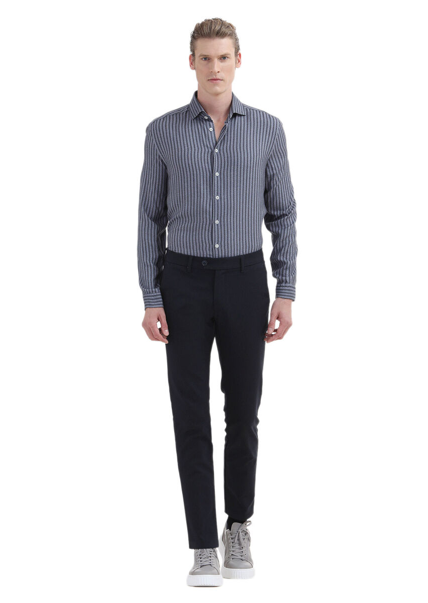 İndigo Baskılı Regular Fit Uzun Dokuma Casual Gömlek - 2