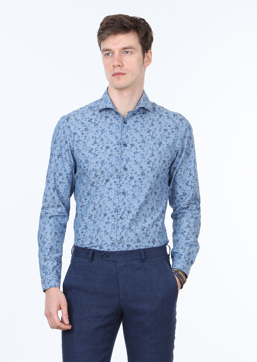 İndigo Baskılı Slim Fit Uzun Dokuma Casual %100 Pamuk Gömlek - 1