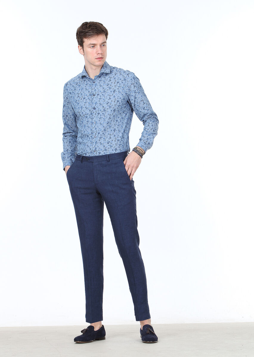 İndigo Baskılı Slim Fit Uzun Dokuma Casual %100 Pamuk Gömlek - 2