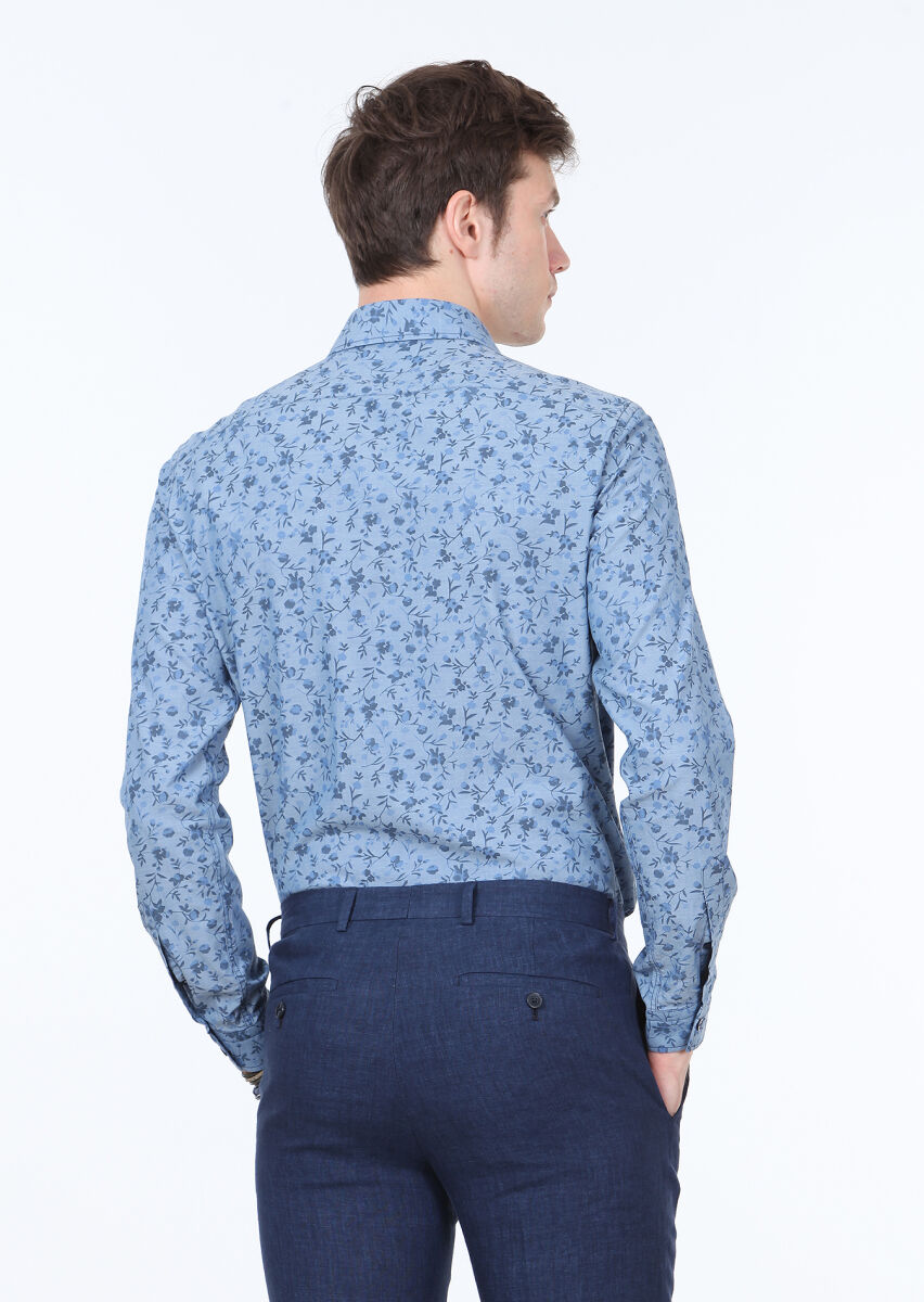 İndigo Baskılı Slim Fit Uzun Dokuma Casual %100 Pamuk Gömlek - 4