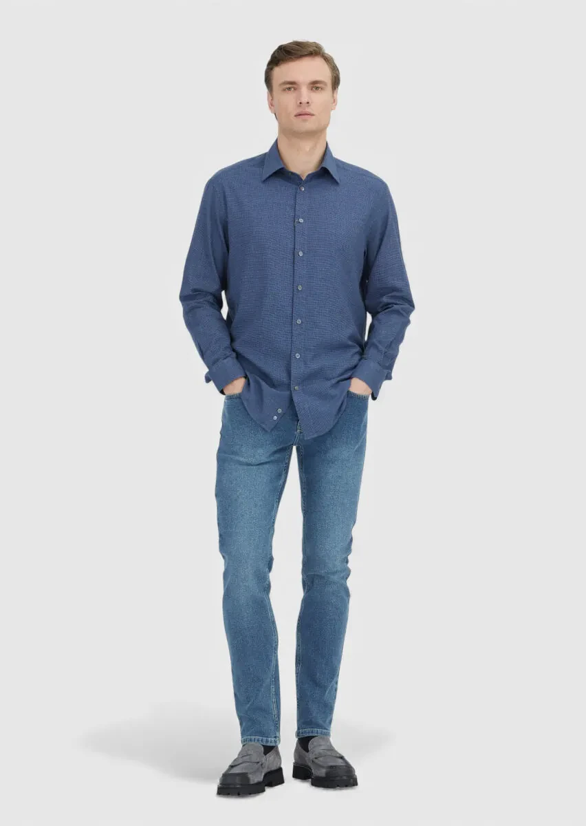 İndigo Casual Fit Dokuma Casual %100 Pamuk Gömlek - 4