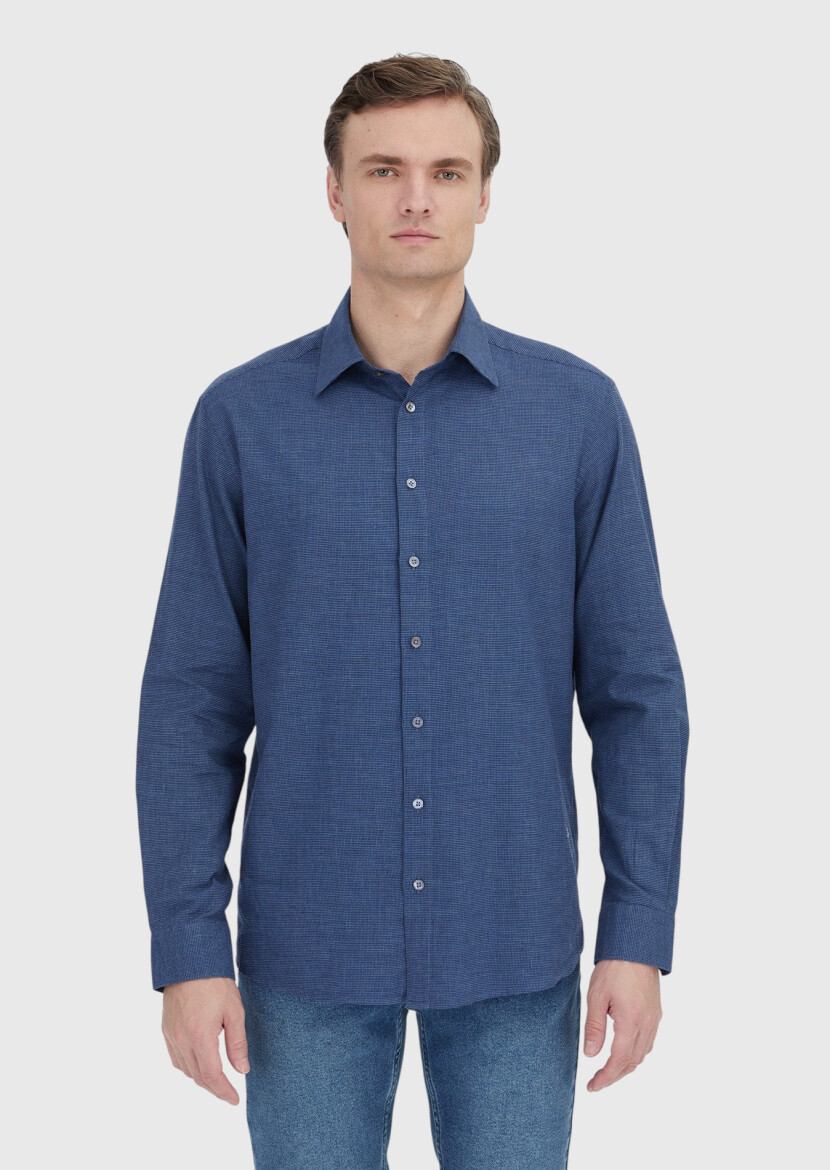 Indigo Casual Fit Long Weaving Casual 100% Cotton Shirt - 3
