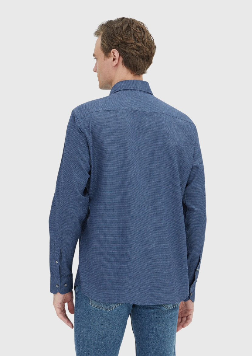 Indigo Casual Fit Long Weaving Casual 100% Cotton Shirt - 6