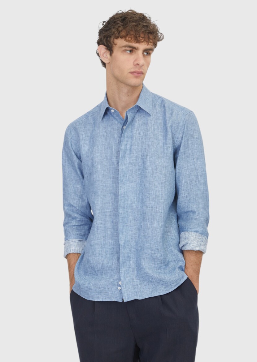 İndigo Casual Fit Uzun Dokuma Casual %100 Keten Gömlek - RAMSEY