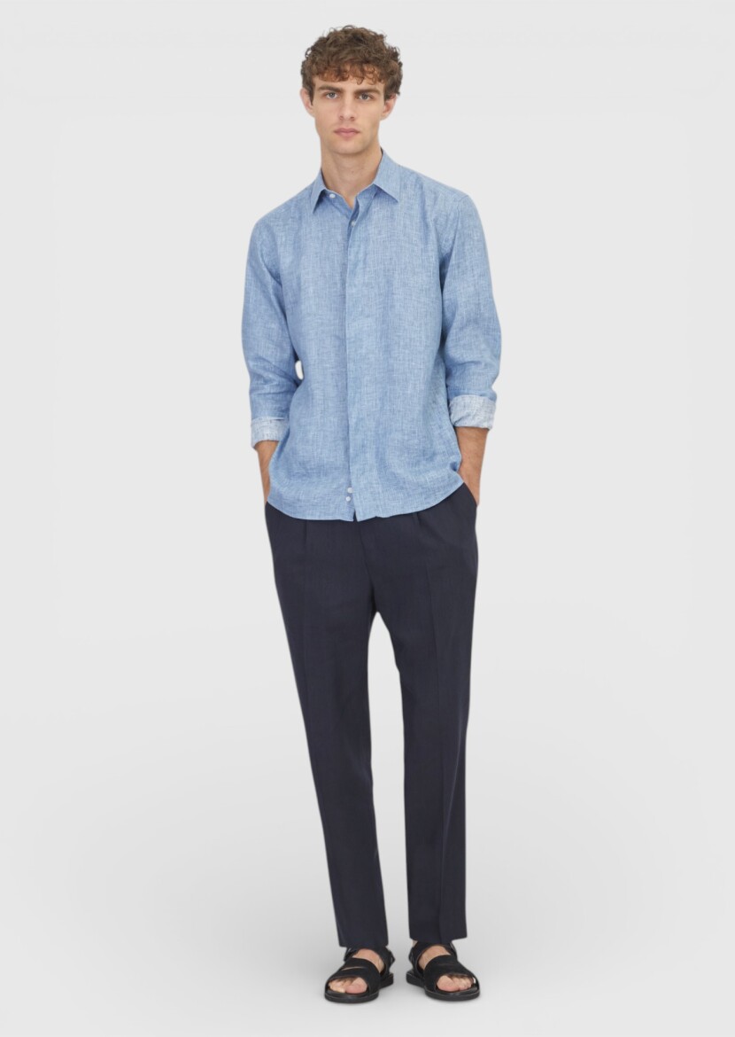 İndigo Casual Fit Uzun Dokuma Casual %100 Keten Gömlek - RAMSEY