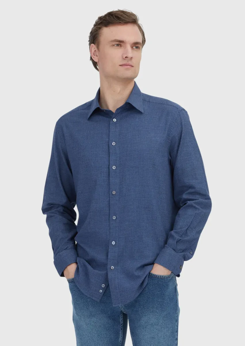Indigo Casual Fit Weaving Casual 100% Cotton Shirt - 1