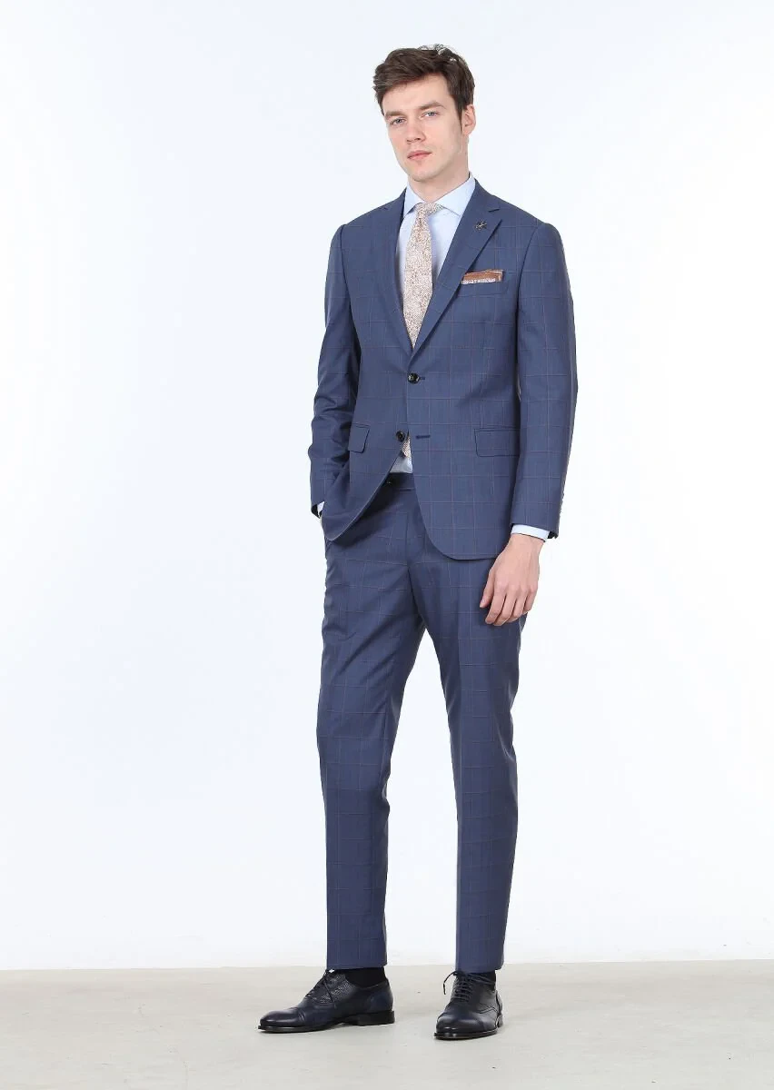 Indigo Checkered Regular Fit 100% Wool Suit - 1