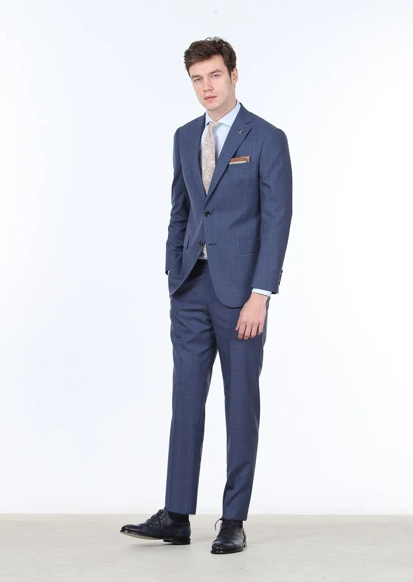 Indigo Checkered Regular Fit 100% Wool Suit - 3