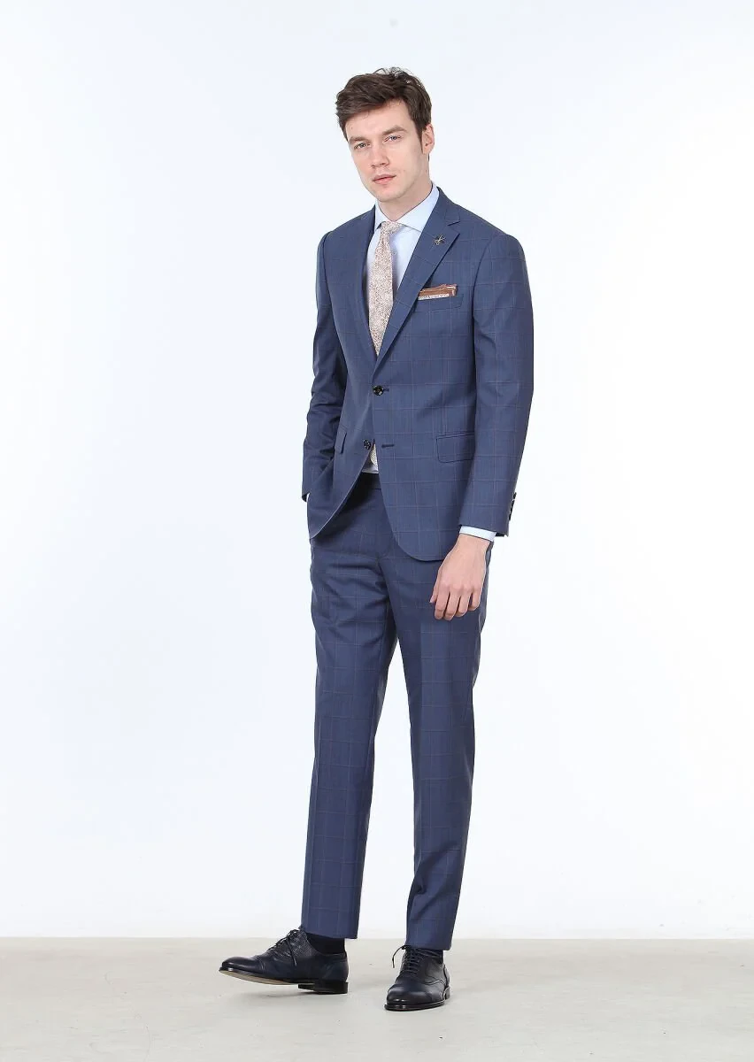 Indigo Checkered Regular Fit 100% Wool Suit - 3