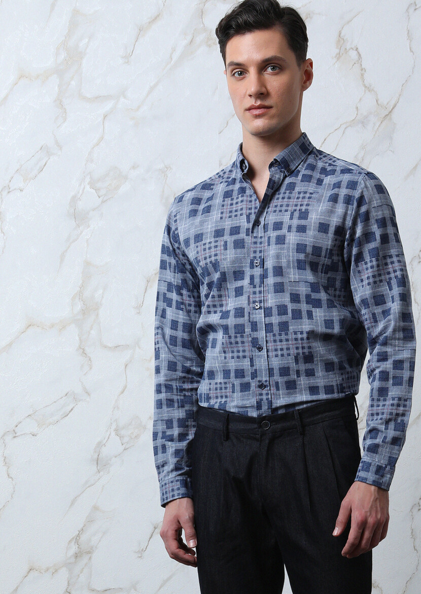 Indigo Checkered Regular Fit Long Weaving Casual 100% Cotton Shirt - 1