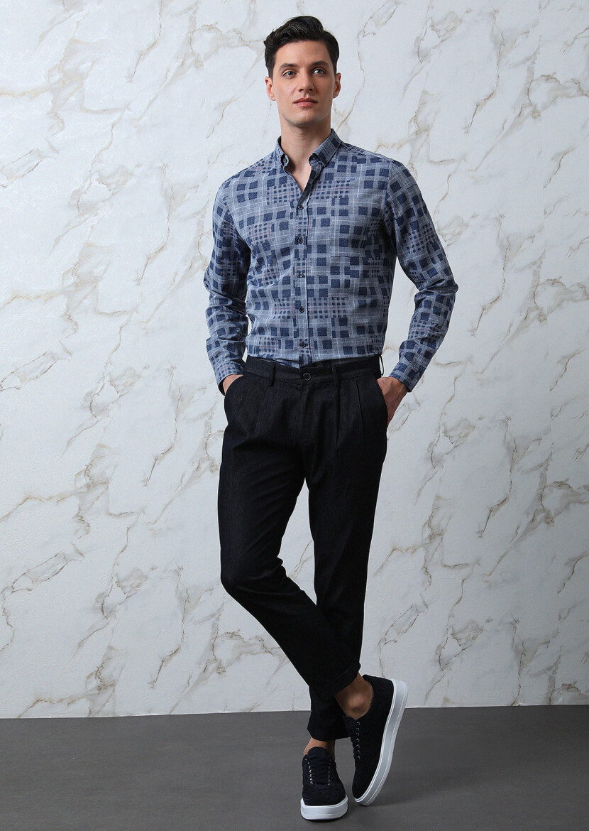 Indigo Checkered Regular Fit Long Weaving Casual 100% Cotton Shirt - 2