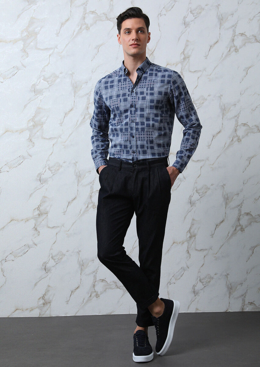 Indigo Checkered Regular Fit Long Weaving Casual 100% Cotton Shirt - 2