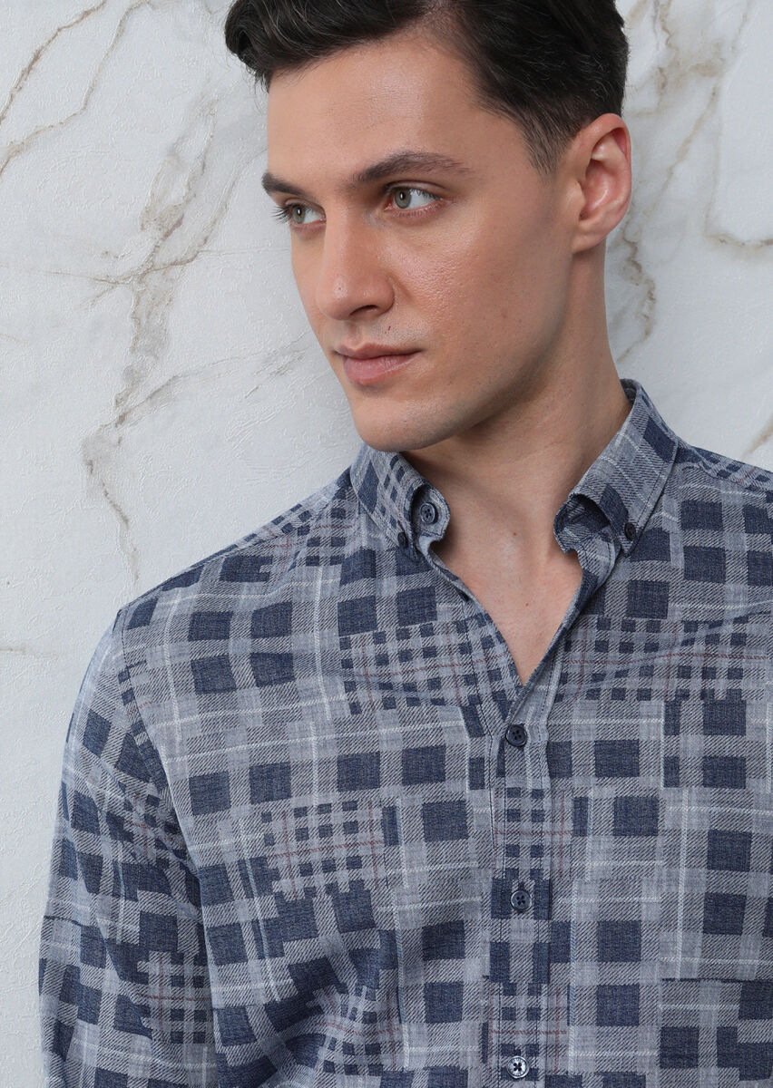 Indigo Checkered Regular Fit Long Weaving Casual 100% Cotton Shirt - 3
