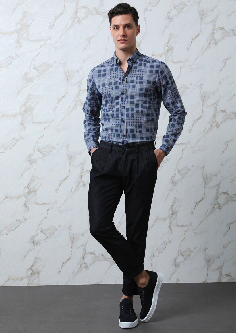 Indigo Checkered Regular Fit Long Weaving Casual 100% Cotton Shirt - 4