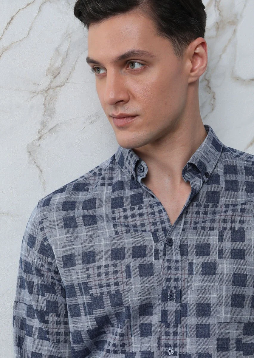 Indigo Checkered Regular Fit Weaving Casual 100% Cotton Shirt - 3
