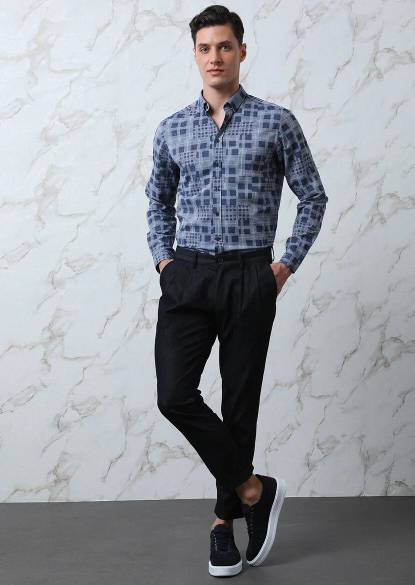 Indigo Checkered Regular Fit Weaving Casual 100% Cotton Shirt - 4
