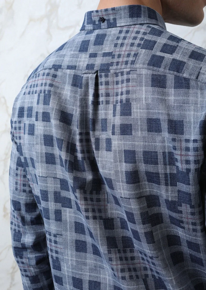 Indigo Checkered Regular Fit Weaving Casual 100% Cotton Shirt - 5