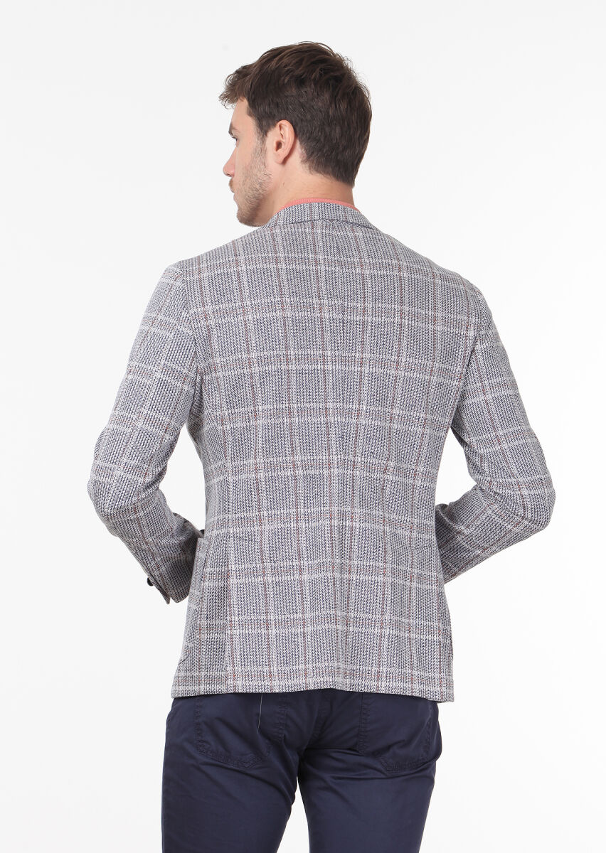 Indigo Checkered Shirt Shoulder Slim Fit Cotton Blended Jacket - 4