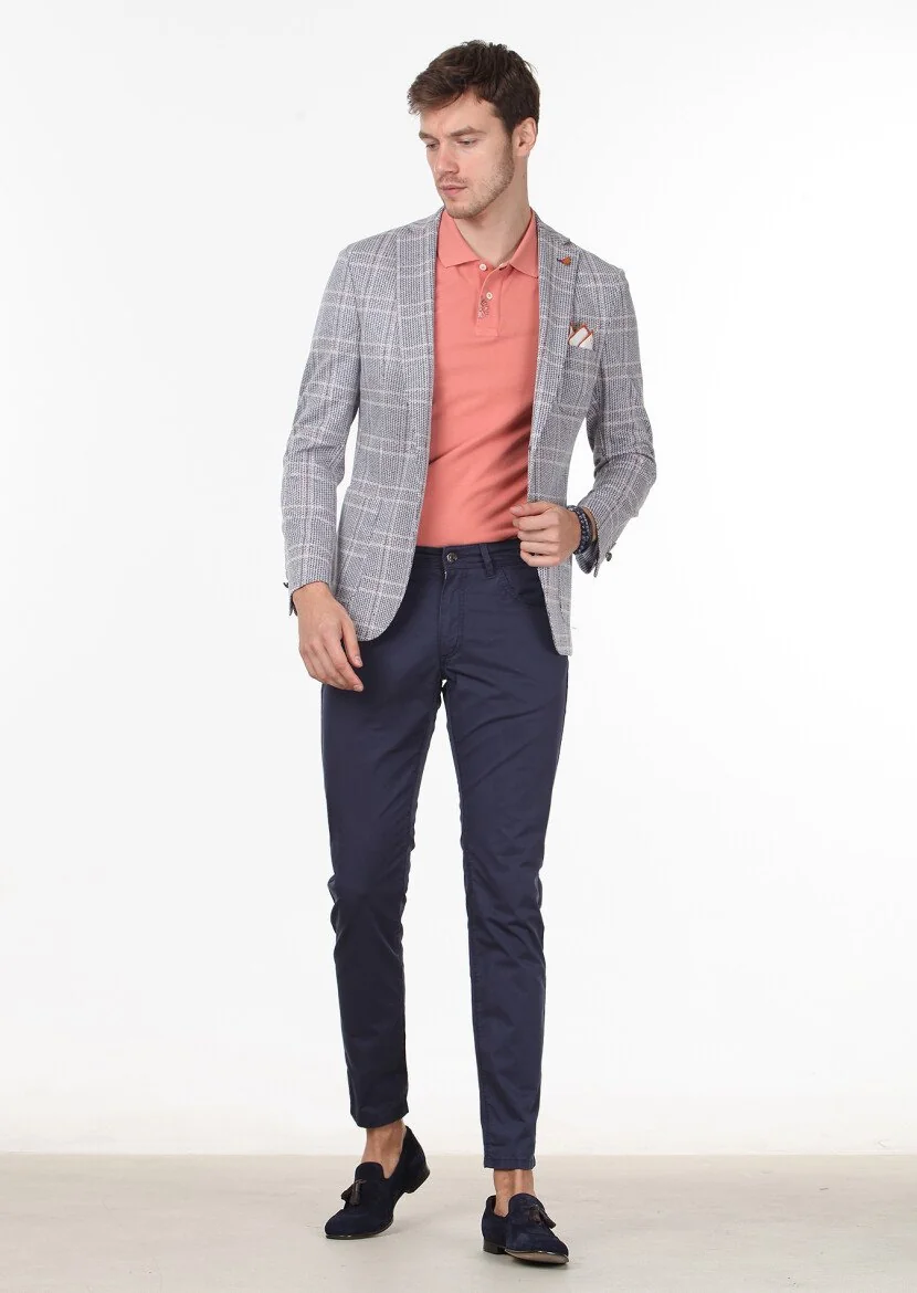 Indigo Checkered Shirt Shoulder Slim Fit Cotton Blended Jacket - 3