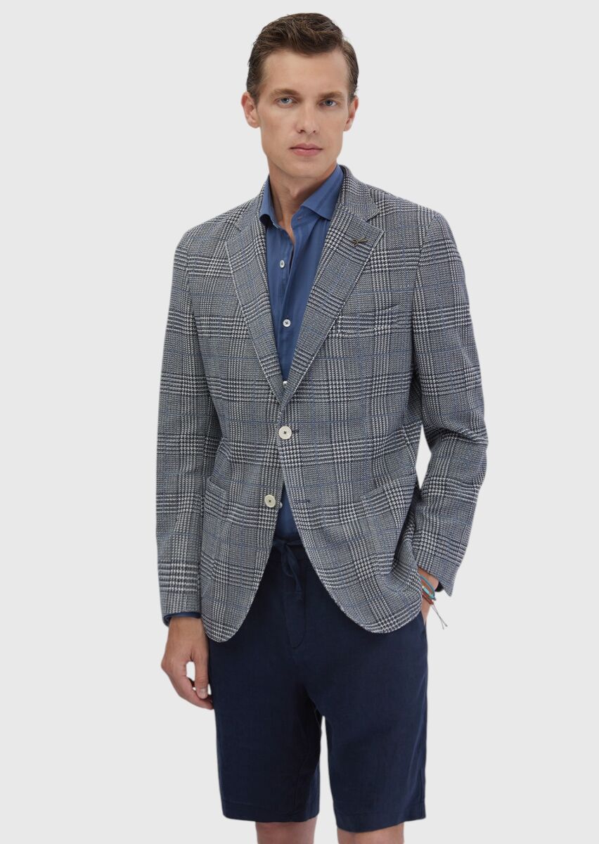 Indigo Checkered Shirt Shoulder Slim Fit Cotton Blended Jacket - 1