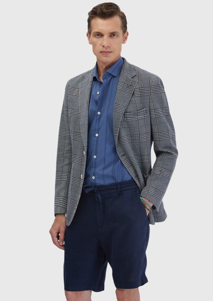 Indigo Checkered Shirt Shoulder Slim Fit Cotton Blended Jacket - 3